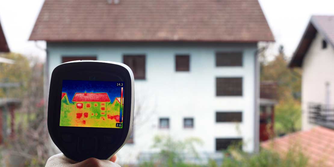 Thermographie mit Wärmebild eines Hauses, um Wärmeverlust zu messen