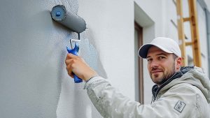 Maler streicht weiße Fassade grau.